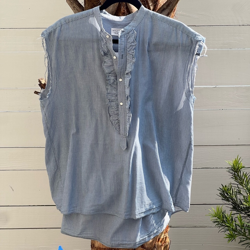 Nili Lotan Charlton top, blue and white stripe, size M